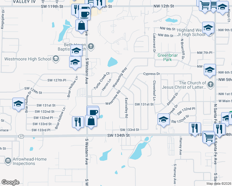 map of restaurants, bars, coffee shops, grocery stores, and more near 13104 Moccasin Lane in Oklahoma City