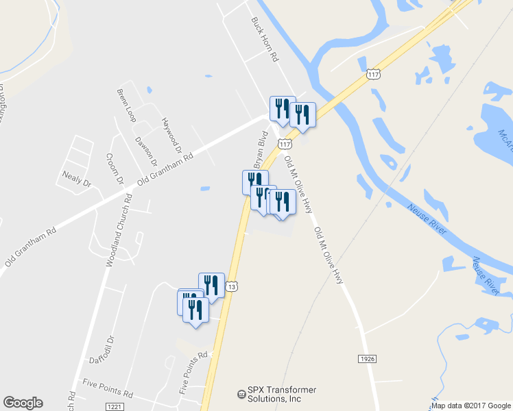 map of restaurants, bars, coffee shops, grocery stores, and more near 2447 U.S. 117 in Goldsboro