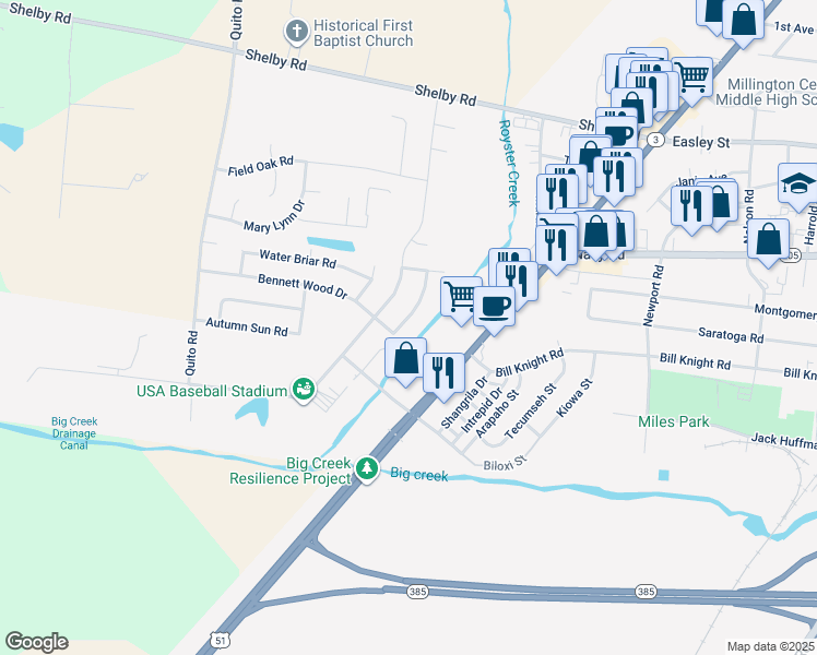 map of restaurants, bars, coffee shops, grocery stores, and more near 7802 Tumbling Creek Drive in Millington