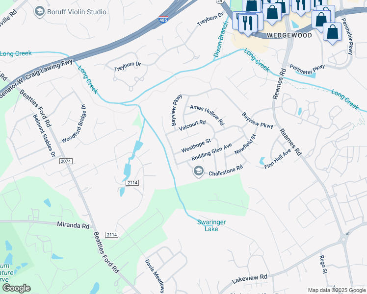 map of restaurants, bars, coffee shops, grocery stores, and more near 8533 Westhope Street in Charlotte