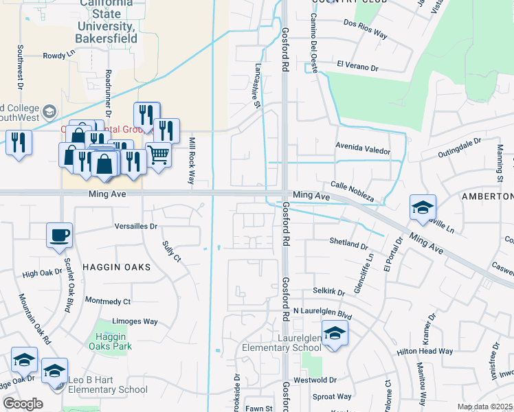 map of restaurants, bars, coffee shops, grocery stores, and more near 8215 Prentice Hall Drive in Bakersfield