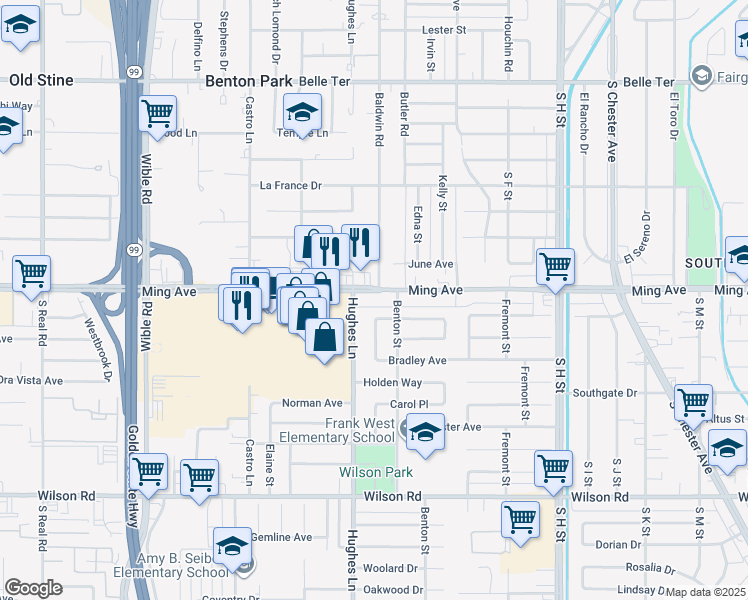 map of restaurants, bars, coffee shops, grocery stores, and more near in Bakersfield