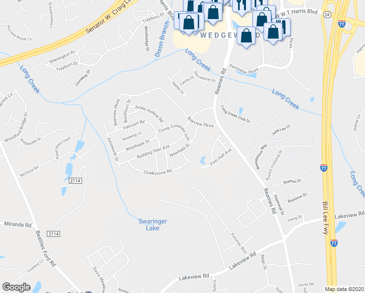 map of restaurants, bars, coffee shops, grocery stores, and more near 9107 Newfield Street in Charlotte