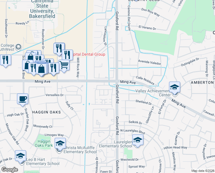 map of restaurants, bars, coffee shops, grocery stores, and more near 1800 New Riders Street in Bakersfield