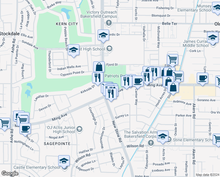 map of restaurants, bars, coffee shops, grocery stores, and more near 5051 Ming Avenue in Bakersfield