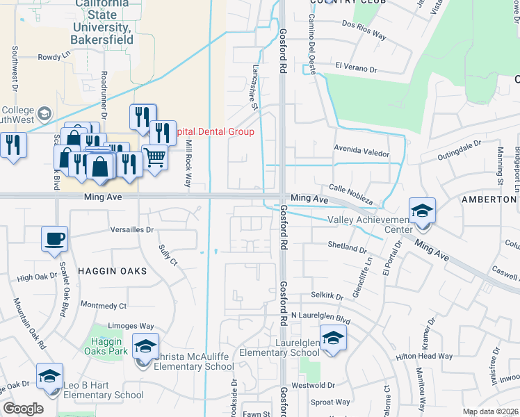 map of restaurants, bars, coffee shops, grocery stores, and more near 1800 New Riders Street in Bakersfield