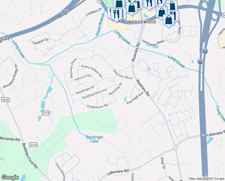 map of restaurants, bars, coffee shops, grocery stores, and more near 9014 Newfield Street in Charlotte