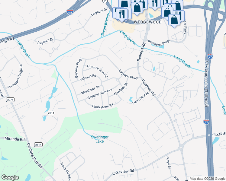 map of restaurants, bars, coffee shops, grocery stores, and more near 9014 Newfield Street in Charlotte