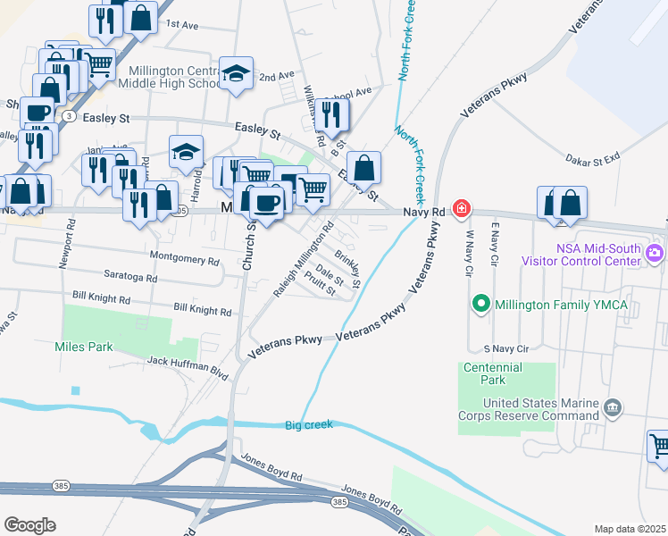 map of restaurants, bars, coffee shops, grocery stores, and more near 5104 Pruitt Street in Millington