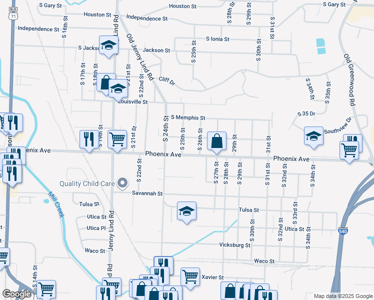 map of restaurants, bars, coffee shops, grocery stores, and more near 2512 Phoenix Avenue in Fort Smith