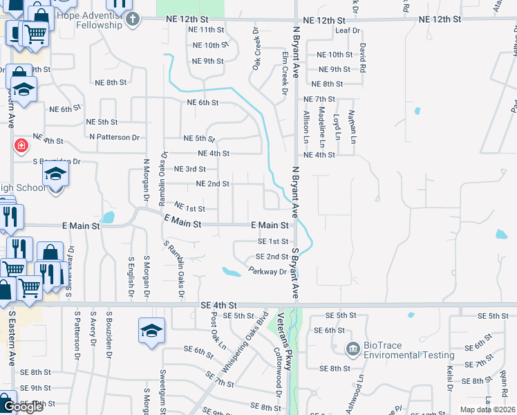 map of restaurants, bars, coffee shops, grocery stores, and more near 205 Evie Place in Moore