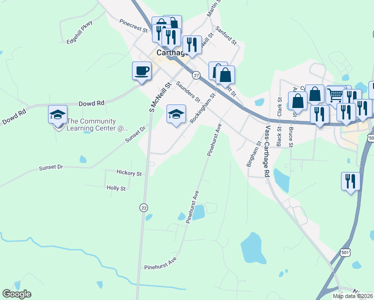 map of restaurants, bars, coffee shops, grocery stores, and more near 503 Rockingham Street in Carthage