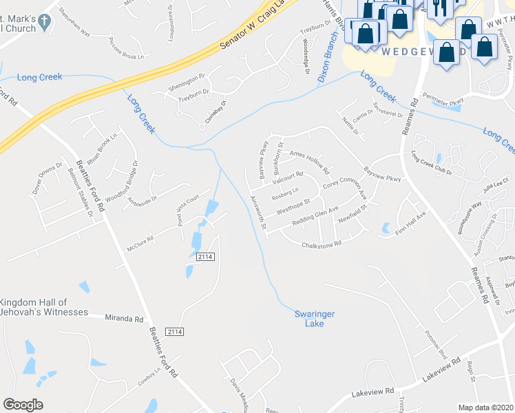 map of restaurants, bars, coffee shops, grocery stores, and more near Ainsworth Street in Charlotte