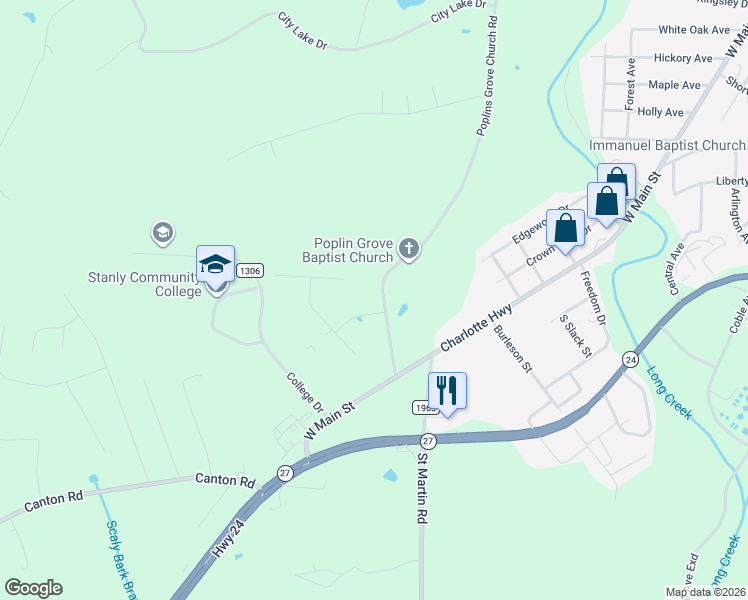 map of restaurants, bars, coffee shops, grocery stores, and more near 2601 Normandy Street in Albemarle