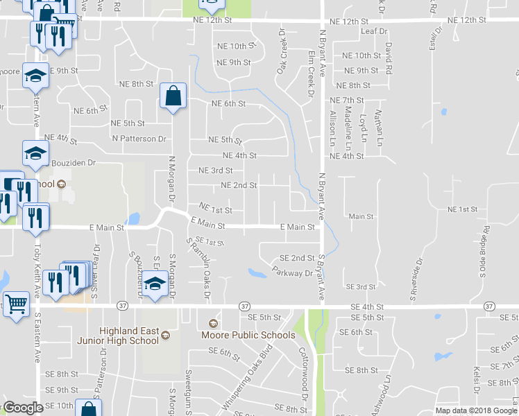 map of restaurants, bars, coffee shops, grocery stores, and more near 201 Wellington Lane in Moore