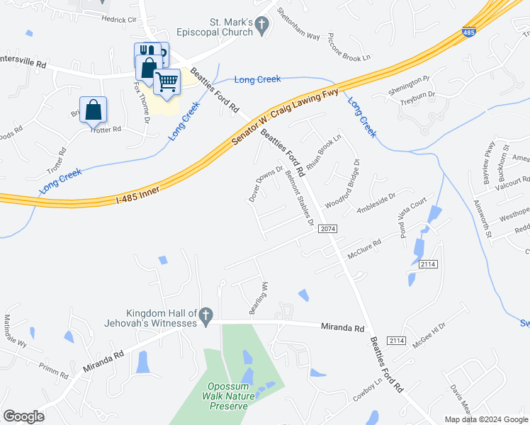 map of restaurants, bars, coffee shops, grocery stores, and more near 3911 Hunter Hill Lane in Charlotte