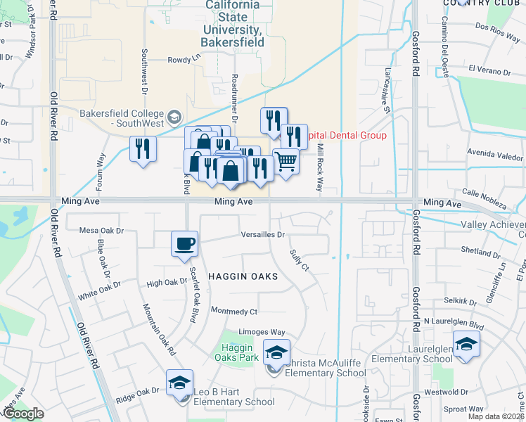 map of restaurants, bars, coffee shops, grocery stores, and more near 8900 Versailles Drive in Bakersfield