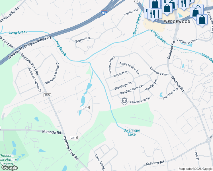 map of restaurants, bars, coffee shops, grocery stores, and more near 8307 Ainsworth Street in Charlotte