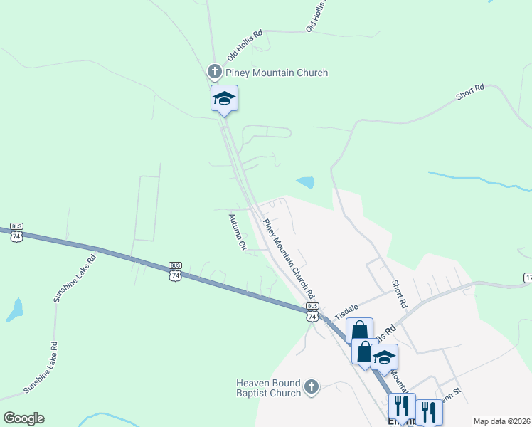 map of restaurants, bars, coffee shops, grocery stores, and more near 289 Burns Road in Ellenboro