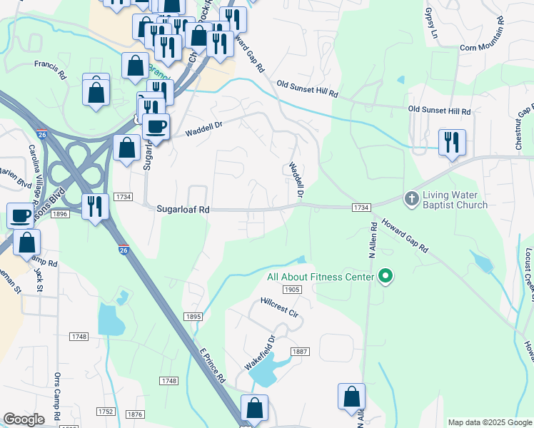 map of restaurants, bars, coffee shops, grocery stores, and more near 762 Sugarloaf Road in Hendersonville