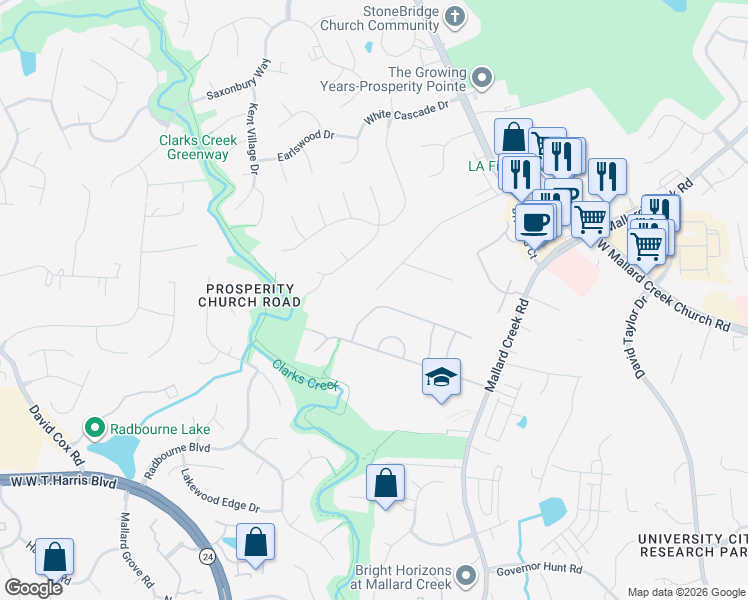map of restaurants, bars, coffee shops, grocery stores, and more near 10020 Lampkin Way in Charlotte