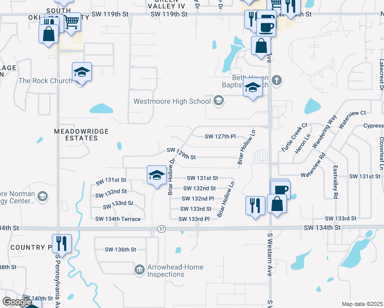 map of restaurants, bars, coffee shops, grocery stores, and more near 1137 Southwest 130th Street in Oklahoma City