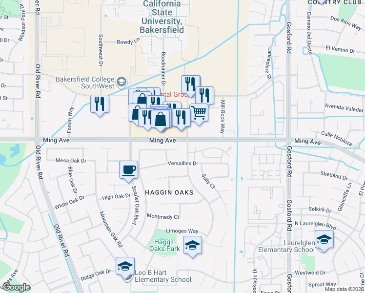map of restaurants, bars, coffee shops, grocery stores, and more near 8900 Versailles Drive in Bakersfield