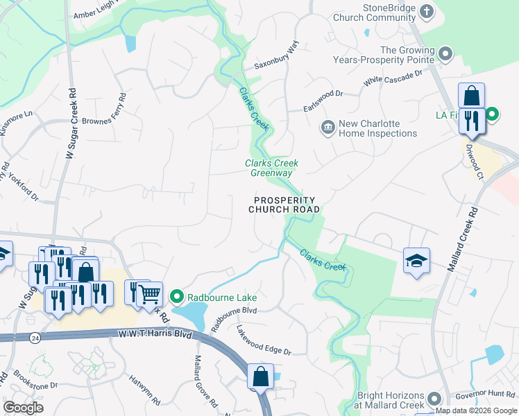 map of restaurants, bars, coffee shops, grocery stores, and more near 3602 French Woods Road in Charlotte