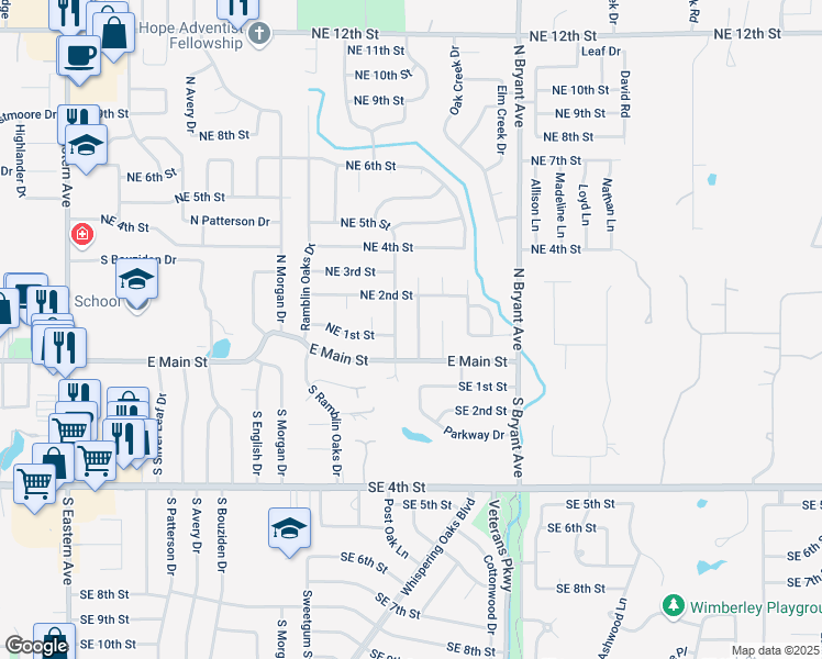 map of restaurants, bars, coffee shops, grocery stores, and more near 201 Wellington Lane in Moore