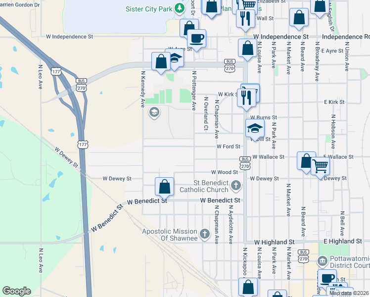 map of restaurants, bars, coffee shops, grocery stores, and more near 820 North Pottenger Avenue in Shawnee