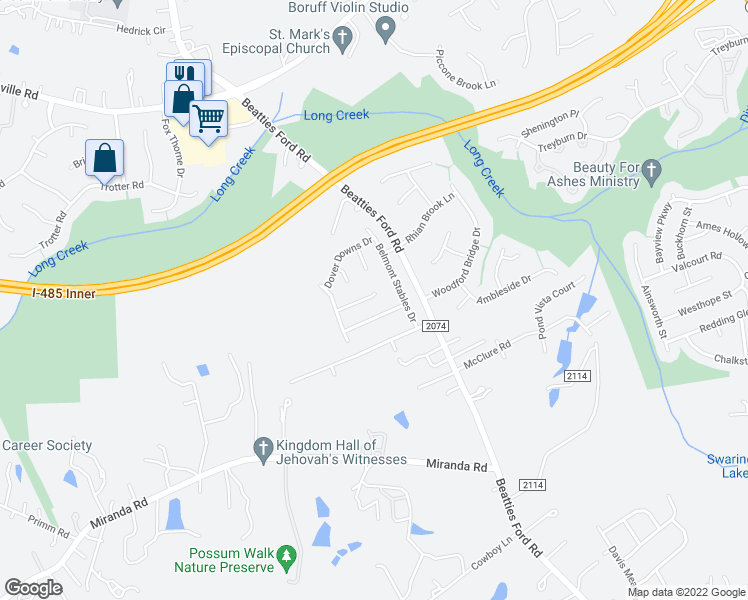 map of restaurants, bars, coffee shops, grocery stores, and more near 3934 Hunter Hill Lane in Charlotte