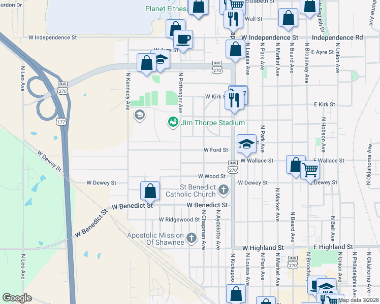 map of restaurants, bars, coffee shops, grocery stores, and more near 609 West Dill Street in Shawnee