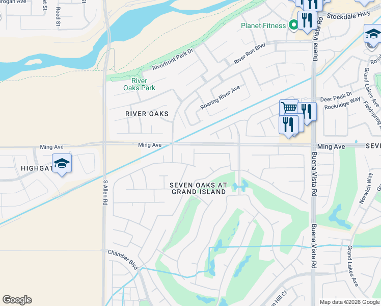 map of restaurants, bars, coffee shops, grocery stores, and more near 1707 Grimshaw Street in Bakersfield
