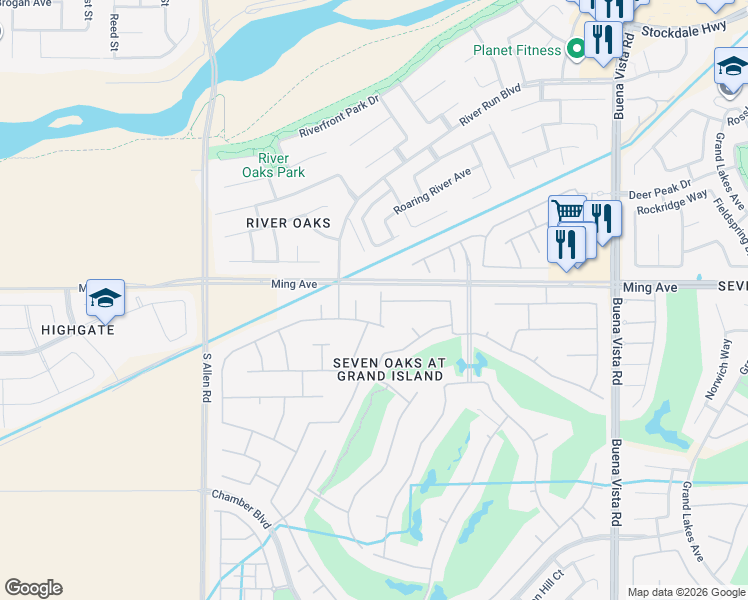 map of restaurants, bars, coffee shops, grocery stores, and more near 1707 Grimshaw Street in Bakersfield