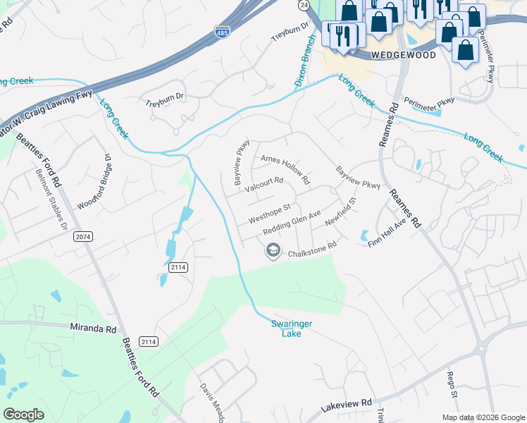 map of restaurants, bars, coffee shops, grocery stores, and more near 8113 Rosberg Lane in Charlotte
