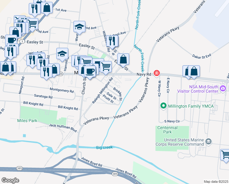 map of restaurants, bars, coffee shops, grocery stores, and more near 5096 Brinkley Street in Millington