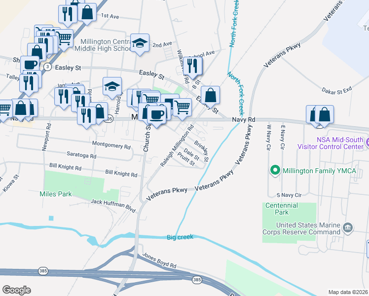 map of restaurants, bars, coffee shops, grocery stores, and more near 5096 Brinkley Street in Millington