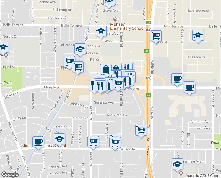 map of restaurants, bars, coffee shops, grocery stores, and more near 3739 Ming Avenue in Bakersfield