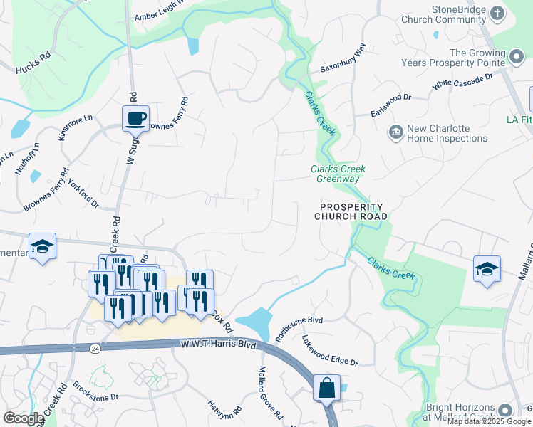 map of restaurants, bars, coffee shops, grocery stores, and more near 12211 Mallard Ridge Drive in Charlotte