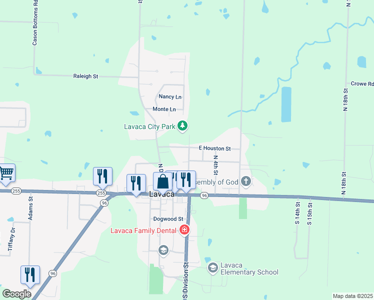 map of restaurants, bars, coffee shops, grocery stores, and more near 4 West Houston Street in Lavaca
