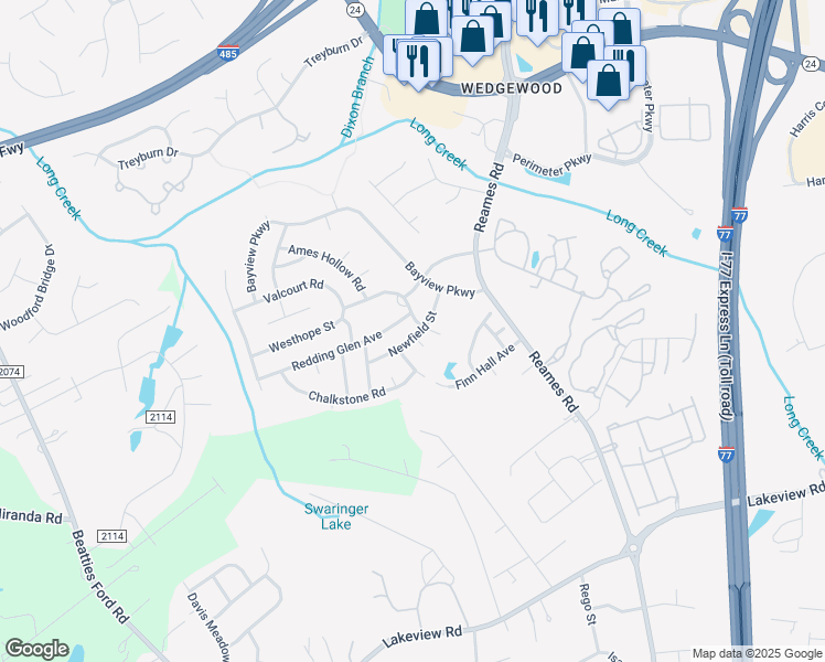 map of restaurants, bars, coffee shops, grocery stores, and more near 9119 Newfield Street in Charlotte