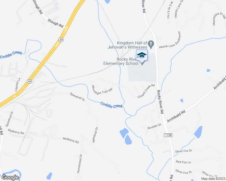map of restaurants, bars, coffee shops, grocery stores, and more near 5215 Moonlight Trail Southwest in Concord