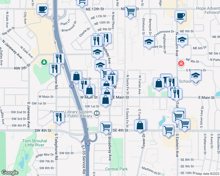 map of restaurants, bars, coffee shops, grocery stores, and more near in Moore