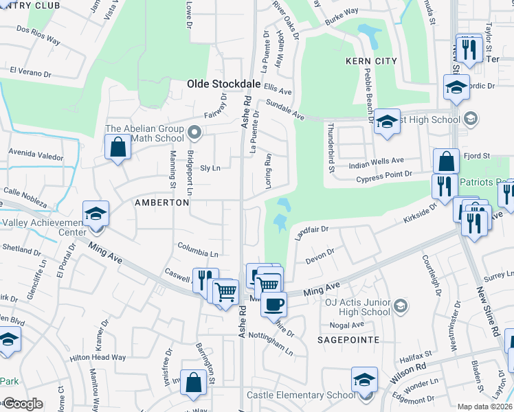 map of restaurants, bars, coffee shops, grocery stores, and more near 1700 Ashe Road in Bakersfield
