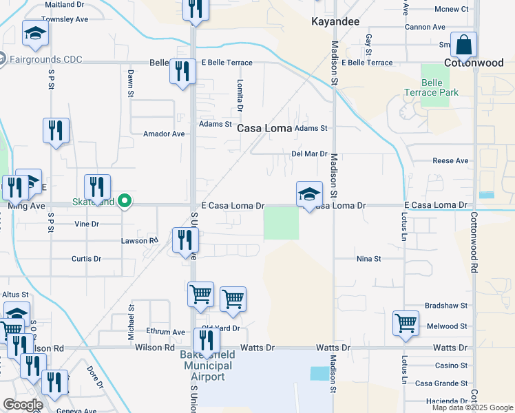 map of restaurants, bars, coffee shops, grocery stores, and more near 316 East Casa Loma Drive in Bakersfield