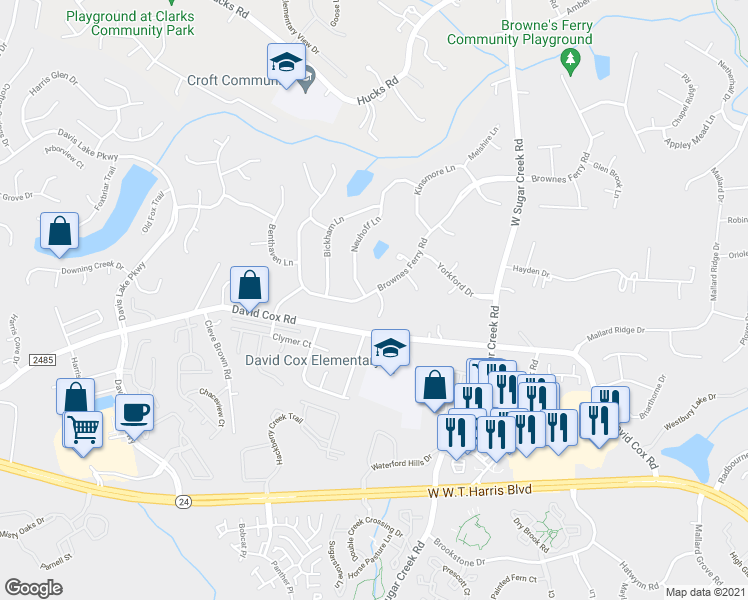 map of restaurants, bars, coffee shops, grocery stores, and more near 4400 Brownes Ferry Road in Charlotte