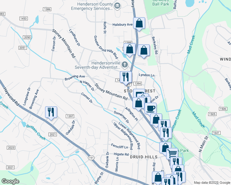 map of restaurants, bars, coffee shops, grocery stores, and more near 310 Stoney Mountain Road in Hendersonville