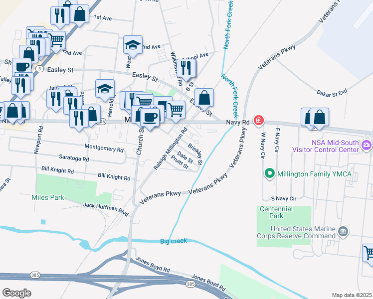 map of restaurants, bars, coffee shops, grocery stores, and more near 5096 Brinkley Street in Millington