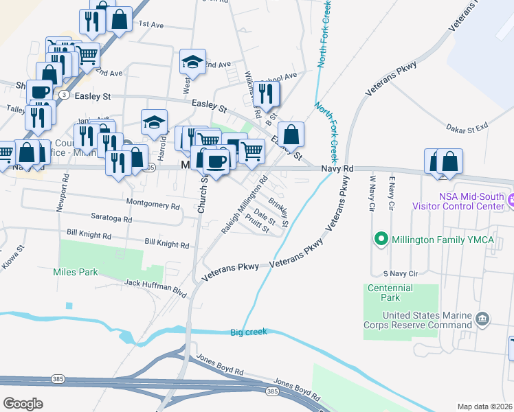map of restaurants, bars, coffee shops, grocery stores, and more near 5096 Brinkley Street in Millington