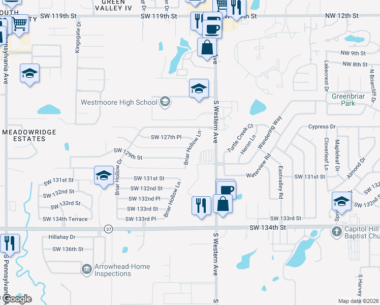 map of restaurants, bars, coffee shops, grocery stores, and more near 12800 Briar Hollow Lane in Oklahoma City